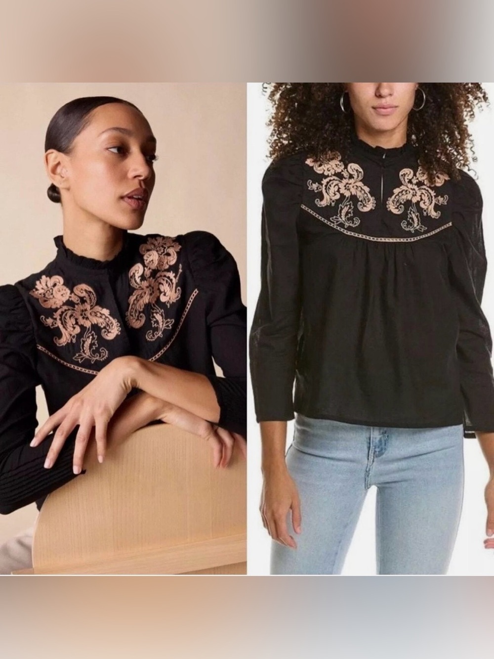 St. ROCHE Black Blouse with Pink-Beige Embroidered Yoke
